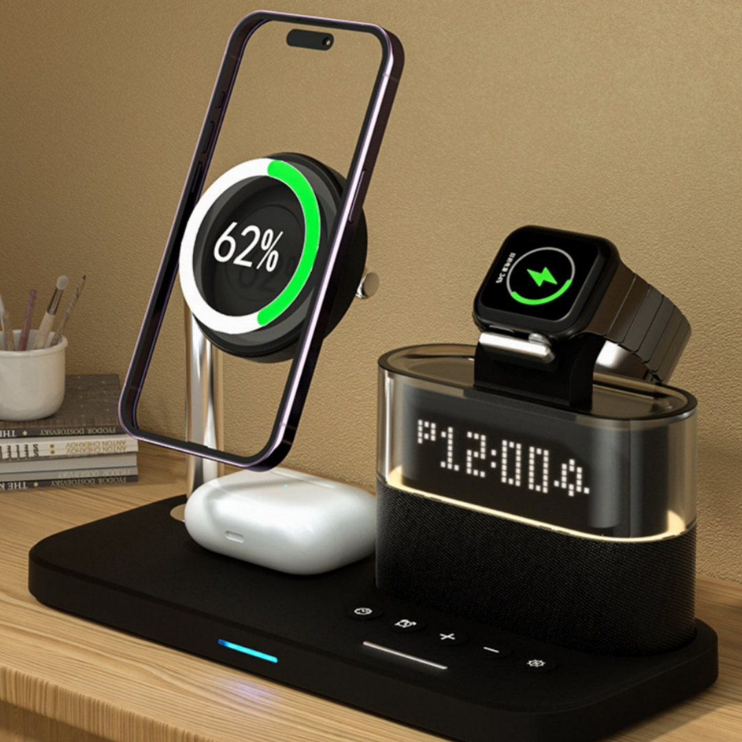 5-in-1 Magnetic Wireless Charging Station with Alarm Clock & Night Light – For iPhone, AirPods & Apple Watch