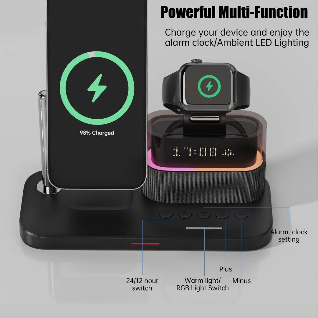 5-in-1 Magnetic Wireless Charging Station with Alarm Clock & Night Light – For iPhone, AirPods & Apple Watch