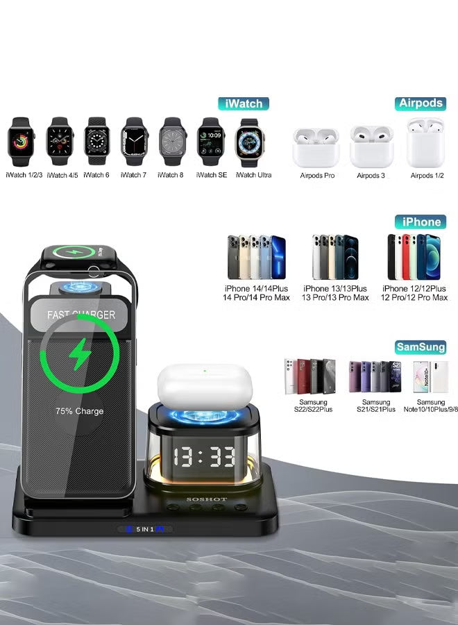 5-in-1 Magnetic Wireless Charging Station with Alarm Clock & Night Light – For iPhone, AirPods & Apple Watch